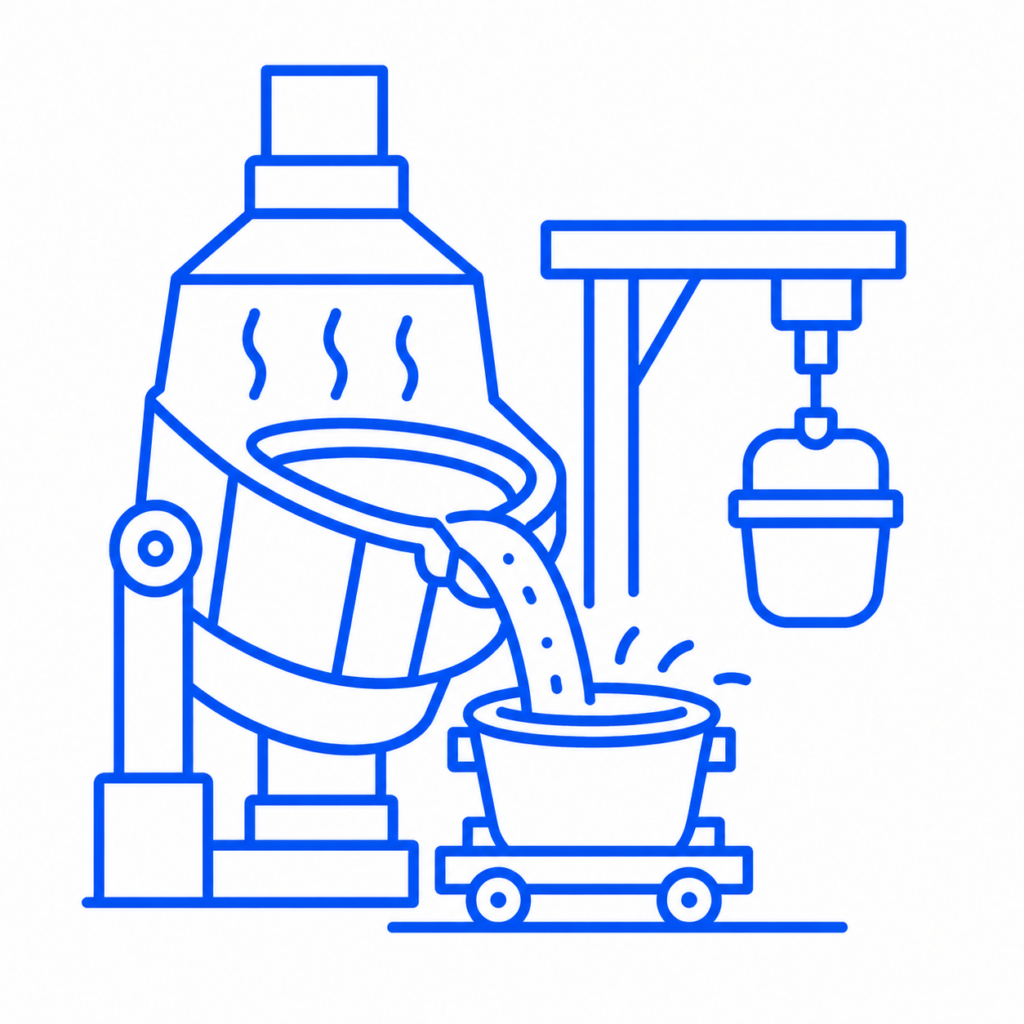 Blue line-art icon of an industrial smelting furnace pouring molten metal into a ladle, representing engineering-grade 3D LiDAR scanning services for smelters, brownfield plant upgrades and as-built documentation.