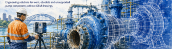 Watercolour illustration of pump reverse engineering in Sydney, showing a technician using 3D laser scanning on an industrial pump station with CAD modelling overlay and Hamilton By Design branding.