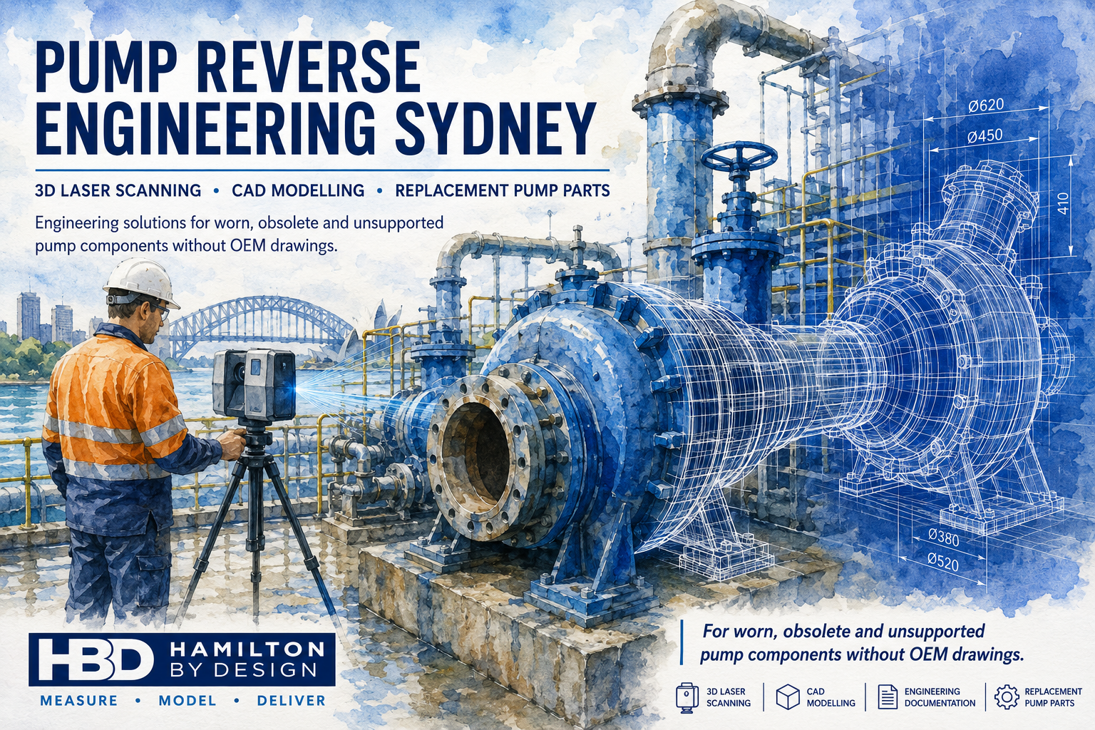 Watercolour illustration of pump reverse engineering in Sydney, showing a technician using 3D laser scanning on an industrial pump station with CAD modelling overlay and Hamilton By Design branding.