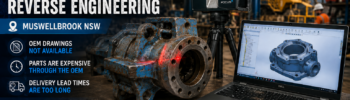 Open cut mine machinery reverse engineering image showing a worn mining component being laser scanned beside a CAD model, with Hamilton By Design branding and Muswellbrook NSW text.