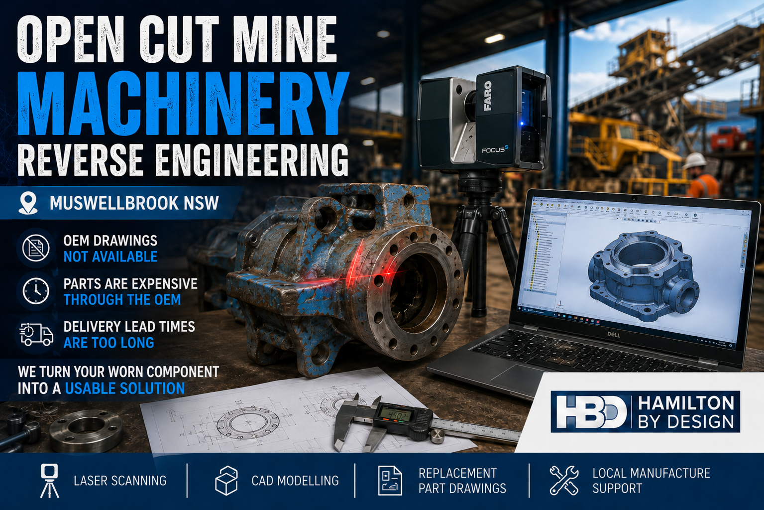 Open cut mine machinery reverse engineering image showing a worn mining component being laser scanned beside a CAD model, with Hamilton By Design branding and Muswellbrook NSW text.