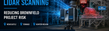 Smelter engineering and LiDAR scanning hero image showing a 3D scanner capturing an industrial smelter plant with blue point cloud lines, CAD overlay, clash detection marker and Hamilton By Design logo.