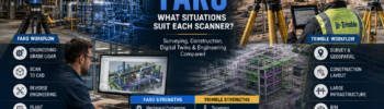 Comparison graphic showing FARO and Trimble 3D laser scanning technologies for engineering, surveying and construction projects. The left side features a FARO Focus scanner capturing an industrial processing plant with point cloud and CAD modelling workflows, highlighting engineering-grade LiDAR, scan-to-CAD, reverse engineering and plant modifications. The right side shows a Trimble scanner on a large infrastructure construction site, highlighting surveying, geospatial data collection, BIM coordination, construction layout and civil infrastructure applications.