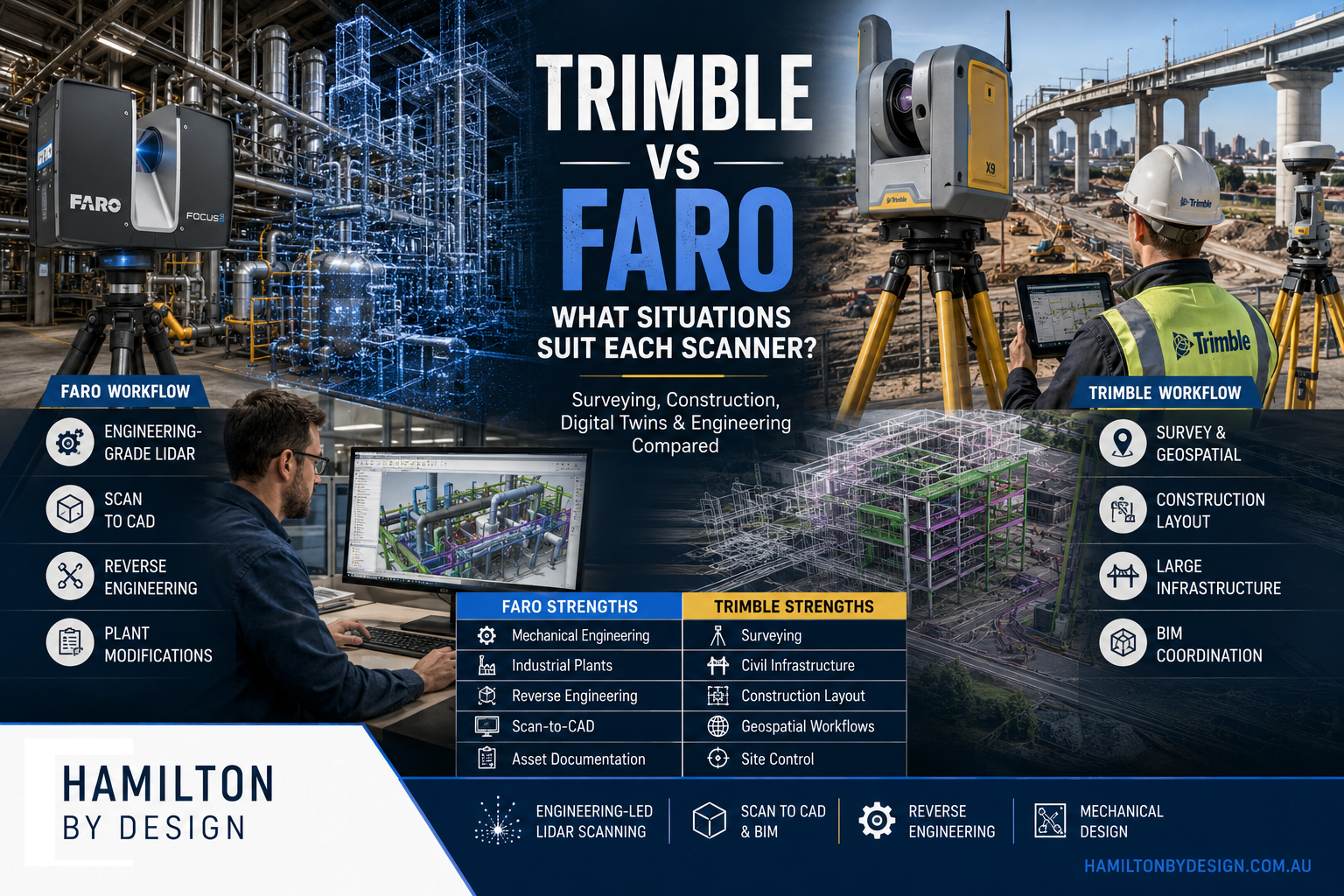 Comparison graphic showing FARO and Trimble 3D laser scanning technologies for engineering, surveying and construction projects. The left side features a FARO Focus scanner capturing an industrial processing plant with point cloud and CAD modelling workflows, highlighting engineering-grade LiDAR, scan-to-CAD, reverse engineering and plant modifications. The right side shows a Trimble scanner on a large infrastructure construction site, highlighting surveying, geospatial data collection, BIM coordination, construction layout and civil infrastructure applications.
