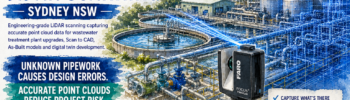 Engineering-grade LiDAR scanning at a Sydney wastewater treatment plant, capturing process pipework, tanks, pumps and equipment to create accurate point cloud data for As-Built models, Scan to CAD and digital twin development.