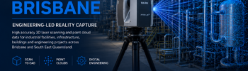 Engineering-led LiDAR scanning in Brisbane showing a terrestrial laser scanner capturing an industrial processing plant with point cloud data for Scan to CAD, reality capture and digital engineering services.