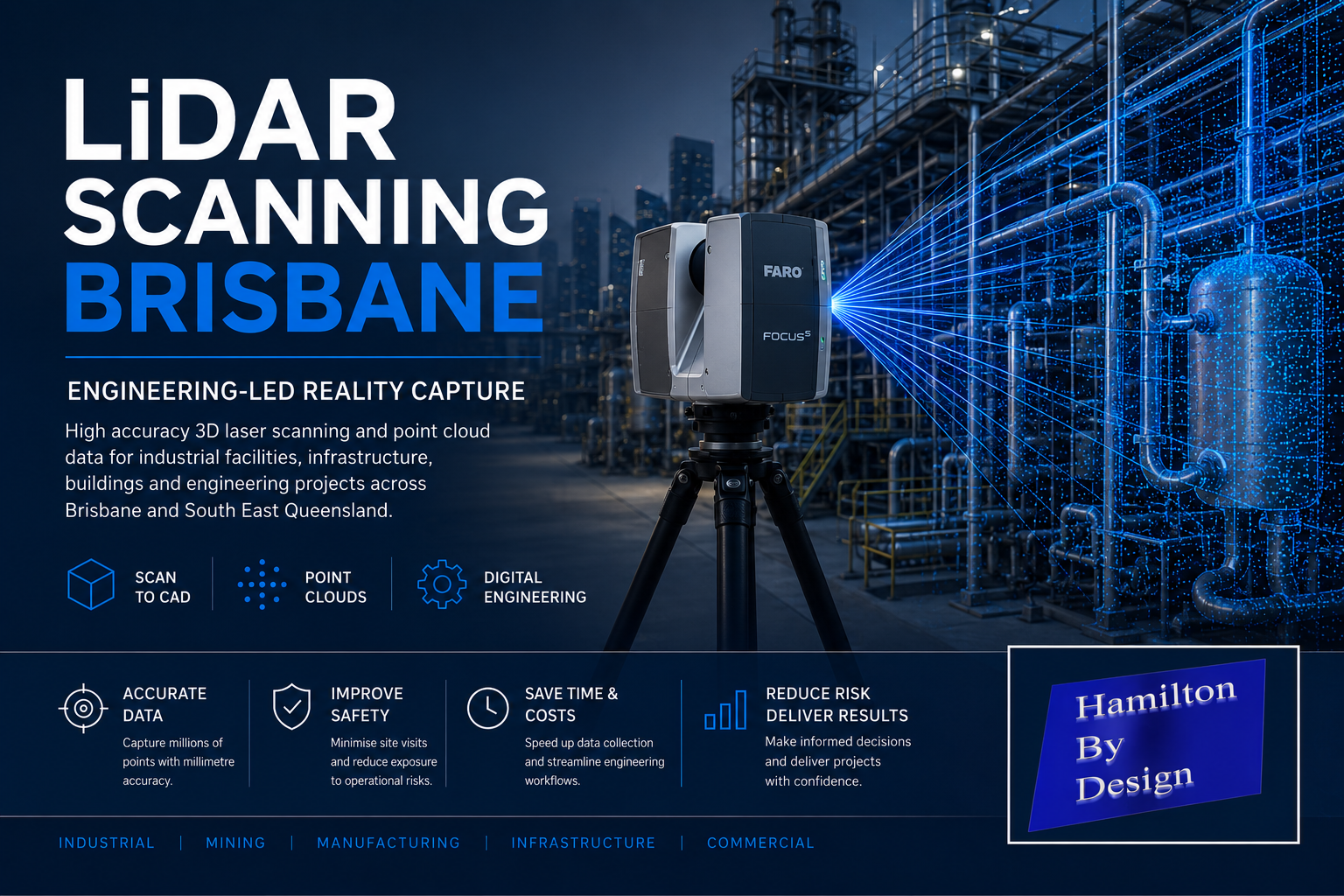Engineering-led LiDAR scanning in Brisbane showing a terrestrial laser scanner capturing an industrial processing plant with point cloud data for Scan to CAD, reality capture and digital engineering services.
