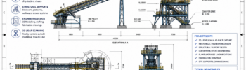 Mechanical Engineering Sydney Ports technical drawing showing conveyor systems, transfer stations, structural steel, materials handling infrastructure, 3D LiDAR scanning services and engineering deliverables by Hamilton By Design.