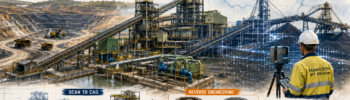 Mining NSW engineering illustration showing 3D LiDAR scanning, Scan to CAD, reverse engineering, conveyors, CHPP infrastructure, open cut mining and the Hamilton By Design logo.