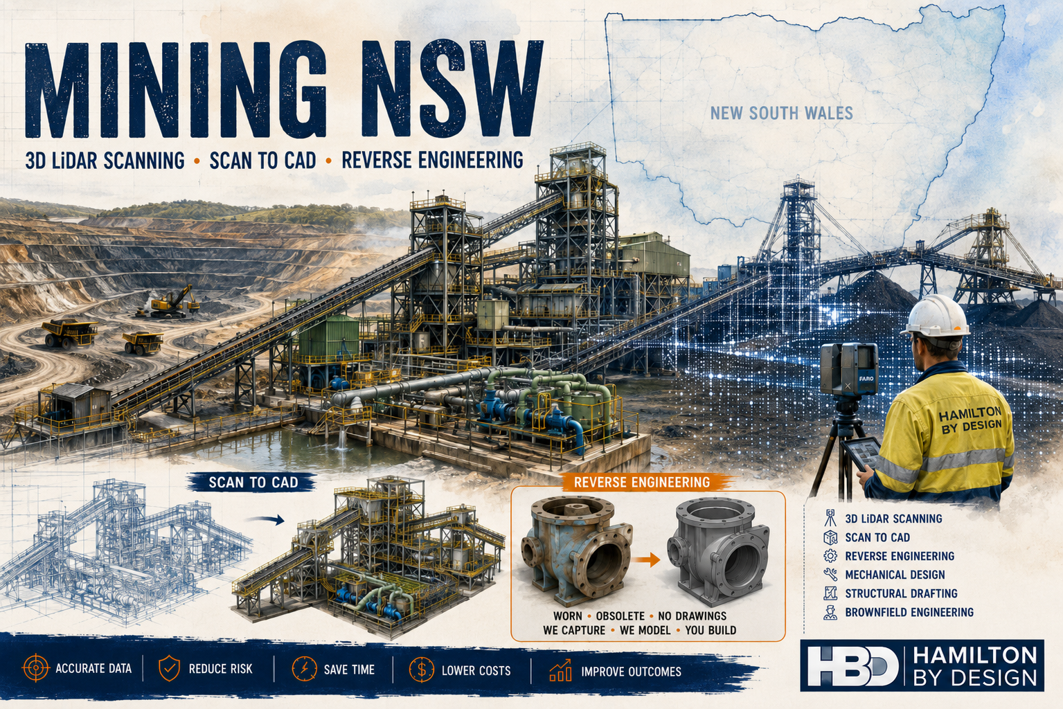 Mining NSW engineering illustration showing 3D LiDAR scanning, Scan to CAD, reverse engineering, conveyors, CHPP infrastructure, open cut mining and the Hamilton By Design logo.