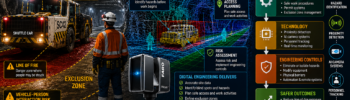 Systems engineering and mining safety infographic showing an underground shuttle car, exclusion zones, hazard identification, engineering digital twin, LiDAR scanning, risk assessment and engineering controls used to reduce line-of-fire risks and improve workplace safety in mining operations.