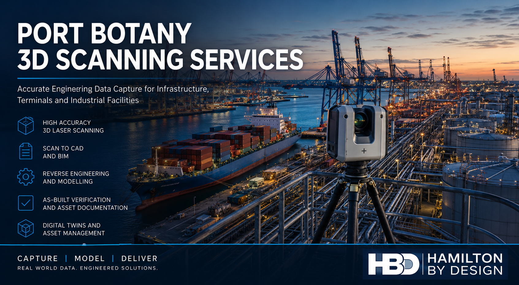 Port Botany 3D Scanning Services hero image showing a laser scanner overlooking container terminals, fuel storage tanks, pipelines, cranes and industrial infrastructure at Port Botany, Sydney. The image highlights LiDAR scanning, Scan-to-CAD, reverse engineering, asset documentation and digital twin services by Hamilton By Design.