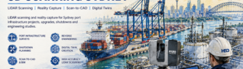 Watercolour illustration of Sydney port infrastructure showing container cranes, cargo vessels, tank farms, pipelines and a FARO Focus S70 laser scanner capturing reality capture data for port infrastructure engineering projects. Hamilton By Design Port Infrastructure 3D Scanning Sydney services.