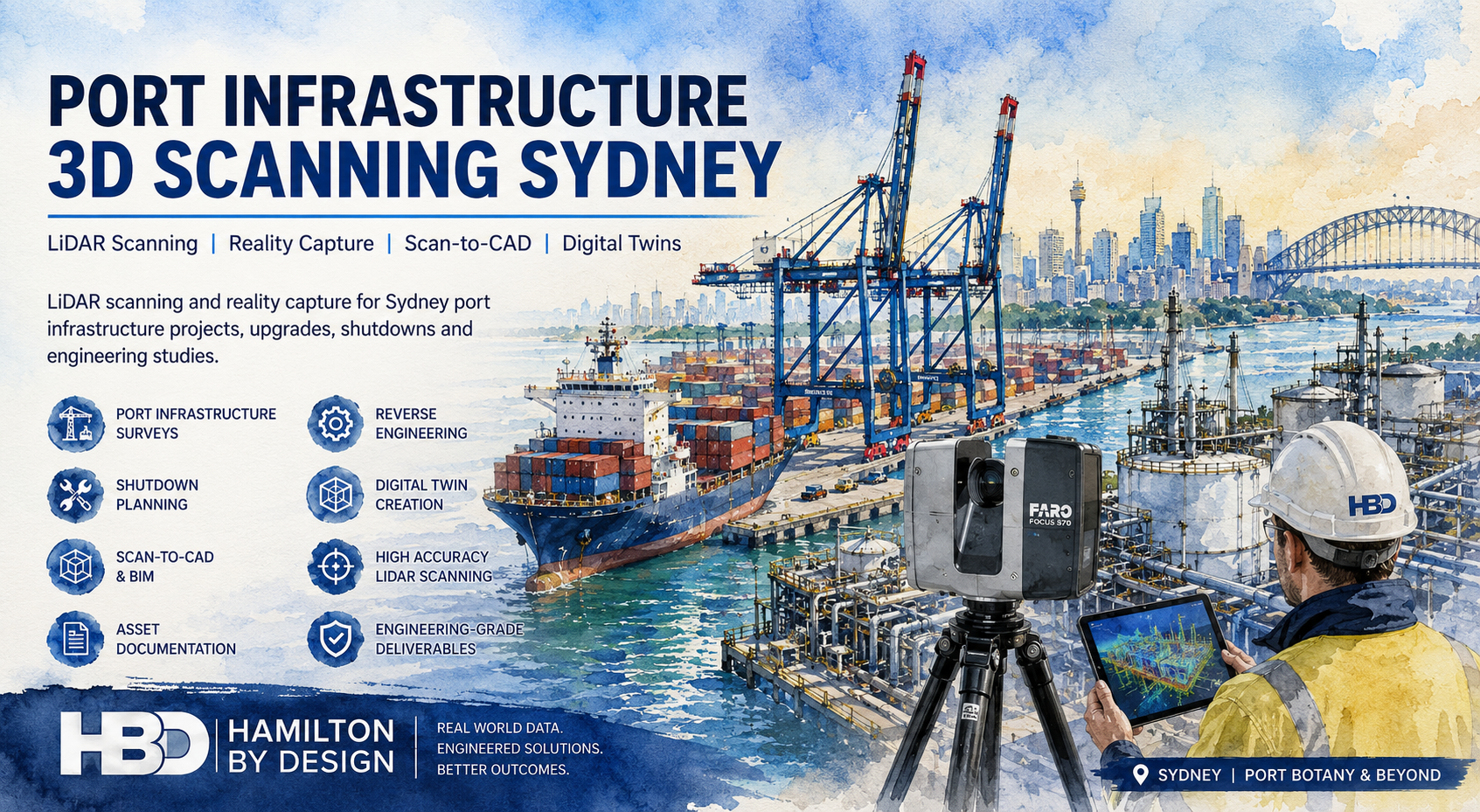 Watercolour illustration of Sydney port infrastructure showing container cranes, cargo vessels, tank farms, pipelines and a FARO Focus S70 laser scanner capturing reality capture data for port infrastructure engineering projects. Hamilton By Design Port Infrastructure 3D Scanning Sydney services.