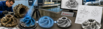 Reverse engineering obsolete water pump components in Sydney using 3D laser scanning, SolidWorks CAD modelling and manufacturing drawings to replace discontinued OEM pump parts for water infrastructure and industrial facilities.