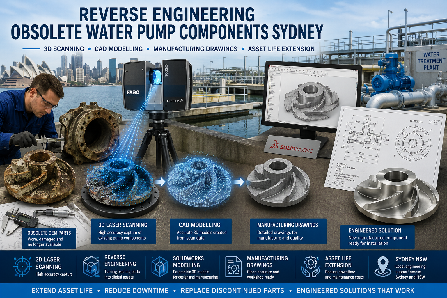 Reverse engineering obsolete water pump components in Sydney using 3D laser scanning, SolidWorks CAD modelling and manufacturing drawings to replace discontinued OEM pump parts for water infrastructure and industrial facilities.
