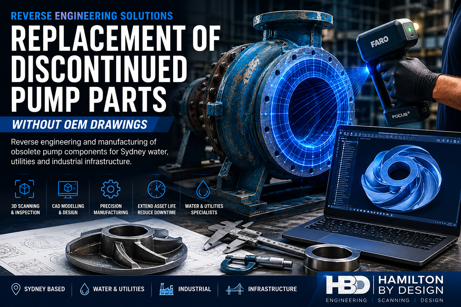 Replacement of discontinued pump parts without OEM drawings in Sydney using 3D scanning, reverse engineering, CAD modelling and precision manufacturing for water and utility infrastructure.