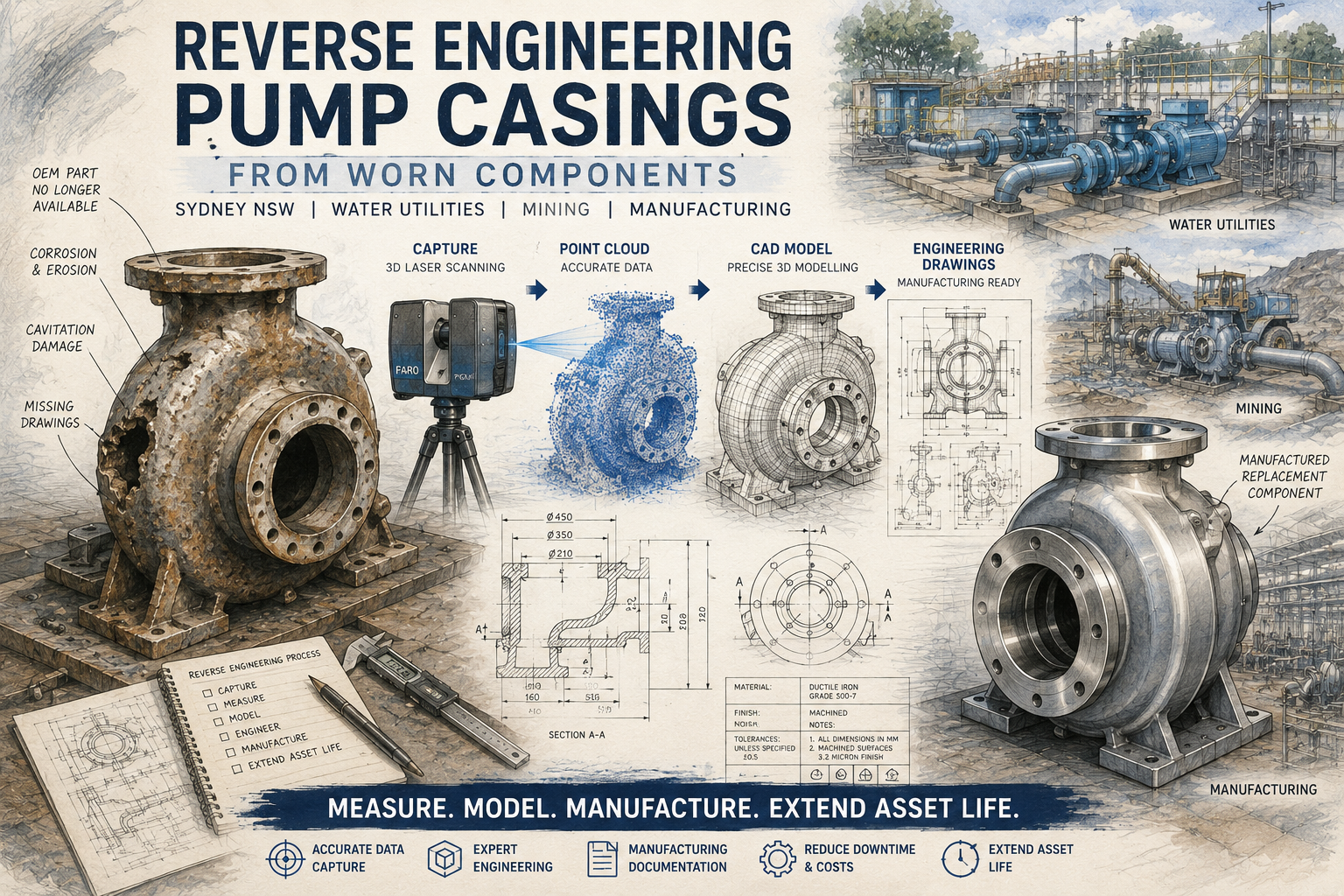 Reverse engineering worn pump casings from existing components using 3D laser scanning, CAD modelling and engineering drawings in Sydney NSW