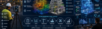 Scan to BIM workflow showing reality capture, point clouds, BIM modelling, digital twins, AI analytics and asset lifecycle management for industrial facilities and mining operations.