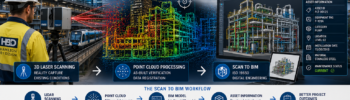 Scan to BIM Sydney infographic showing LiDAR laser scanning, point cloud processing and BIM modelling workflow for Sydney commercial, infrastructure and industrial projects using ISO 19650 information management principles.