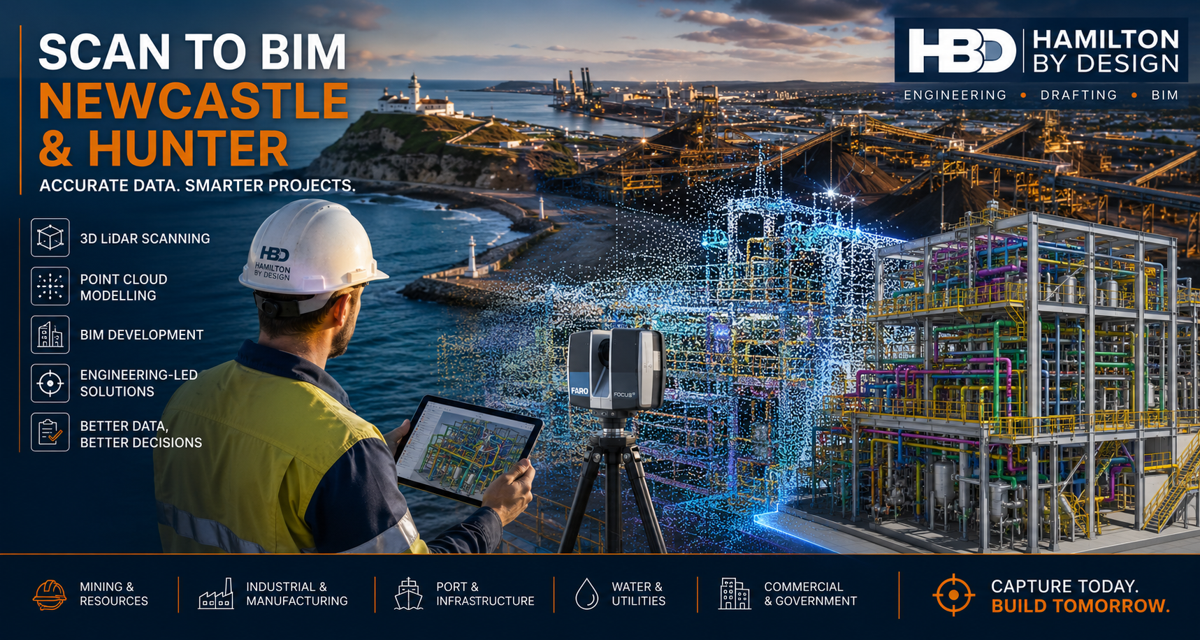 Scan to BIM Newcastle and Hunter showing 3D LiDAR scanning, point cloud modelling and BIM development for industrial, mining and port infrastructure projects in the Hunter Valley region.