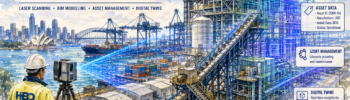 Watercolour illustration of a Sydney port facility undergoing Scan to BIM modelling, showing a Hamilton By Design engineer operating a laser scanner while container terminals, conveyors, industrial structures and marine infrastructure transition into intelligent BIM and digital twin models for asset management and engineering projects.