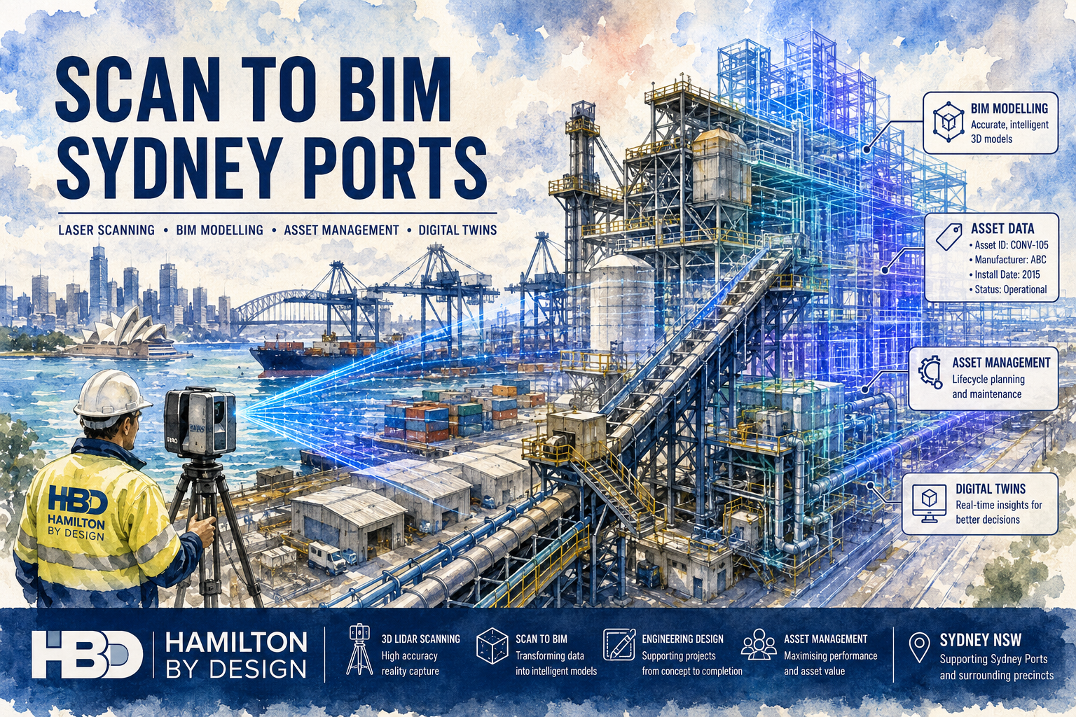 Watercolour illustration of a Sydney port facility undergoing Scan to BIM modelling, showing a Hamilton By Design engineer operating a laser scanner while container terminals, conveyors, industrial structures and marine infrastructure transition into intelligent BIM and digital twin models for asset management and engineering projects.