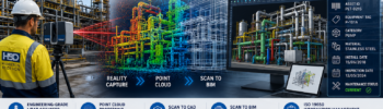 Scan to BIM Australia infographic showing an engineer performing LiDAR laser scanning of an industrial processing plant, with point cloud data converted into a BIM model and ISO 19650 information management workflow.