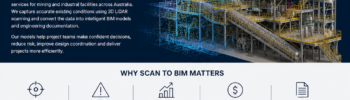Scan to BIM mining and industrial facilities service showing 3D LiDAR scanning, point cloud modelling and BIM development for mining, processing plants and industrial infrastructure across Australia.