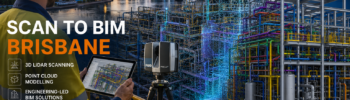 Scan to BIM Brisbane project showing 3D LiDAR scanning, point cloud modelling and BIM development of an industrial facility with the Brisbane skyline and Story Bridge in the background.