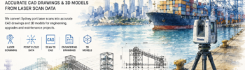 Scan to CAD Sydney Ports hero image showing Sydney Harbour port infrastructure, container terminal operations, LiDAR scanning equipment, point cloud data and engineering CAD models used for mechanical engineering, drafting and asset management projects.