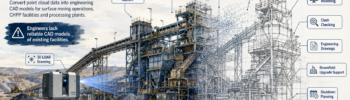 Watercolour hero image showing a Hunter Valley surface mine processing plant being captured by 3D LiDAR scanning and converted from point cloud data into a CAD model.