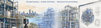 Scan to CAD Perth watercolour hero image showing a 3D laser scanner capturing an industrial plant, converting point cloud data into CAD models and engineering drawings.