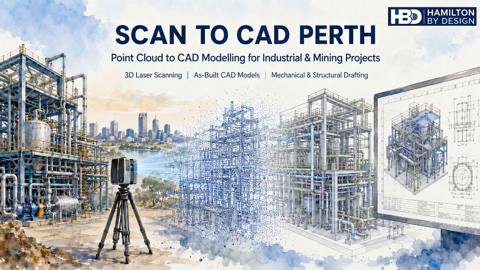 Scan to CAD Perth watercolour hero image showing a 3D laser scanner capturing an industrial plant, converting point cloud data into CAD models and engineering drawings.