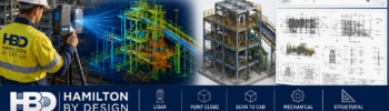 Scan to CAD Perth workflow by Hamilton By Design showing engineering-grade LiDAR scanning of an industrial processing facility in Perth, Western Australia. The image illustrates the complete reality capture process from laser scanning and point cloud registration through to 3D CAD modelling, engineering drawings, mechanical engineering and structural drafting. Featured are a field engineer operating a FARO laser scanner, a coloured point cloud model, a detailed industrial plant CAD model, fabrication drawings and industries including mining, manufacturing, marine, water infrastructure and energy.