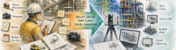 Scan-to-CAD vs traditional design workflows infographic showing LiDAR scanning, point cloud modelling, reality capture and digital engineering for industrial plant design and as-built documentation.