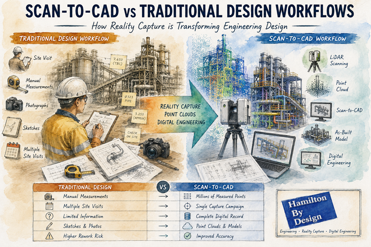 Scan-to-CAD vs traditional design workflows infographic showing LiDAR scanning, point cloud modelling, reality capture and digital engineering for industrial plant design and as-built documentation.