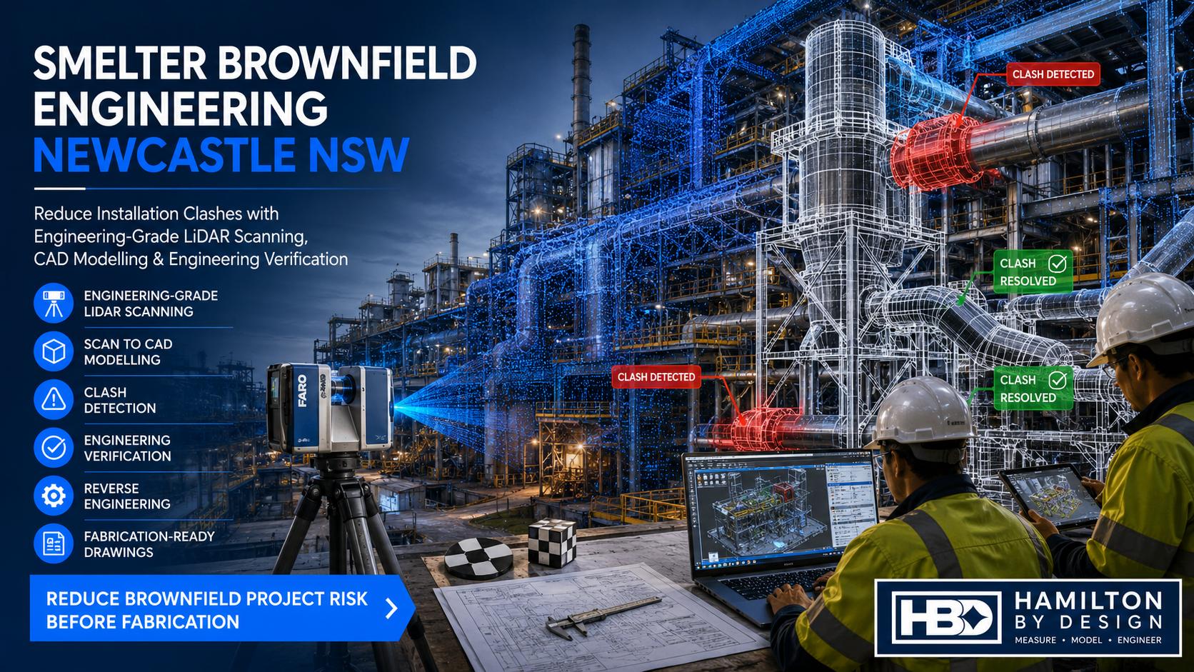 Smelter brownfield engineering in Newcastle NSW showing LiDAR scanning, CAD modelling and clash detection used to reduce installation risk before fabrication.
