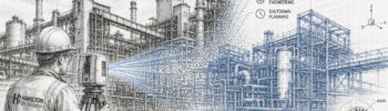 Engineering pencil drawing illustrating Smelter Scan to CAD Services in Newcastle NSW, showing LiDAR laser scanning, point cloud registration and conversion into accurate 3D CAD models for brownfield smelter and heavy industrial facilities.