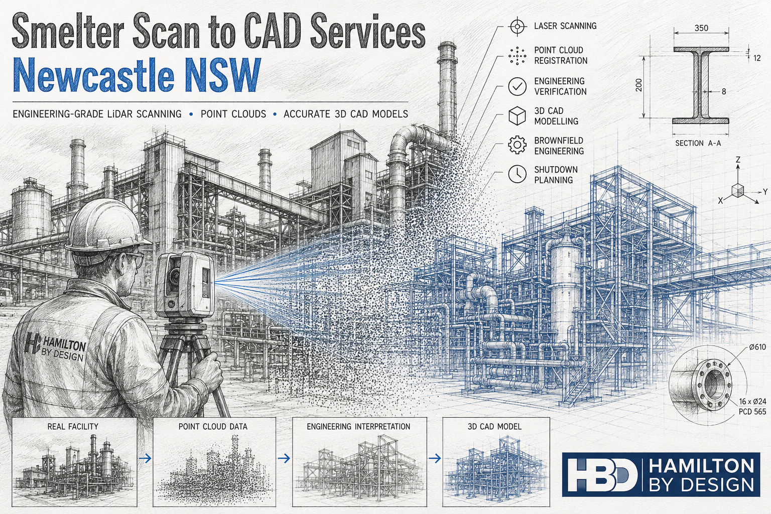 Engineering pencil drawing illustrating Smelter Scan to CAD Services in Newcastle NSW, showing LiDAR laser scanning, point cloud registration and conversion into accurate 3D CAD models for brownfield smelter and heavy industrial facilities.