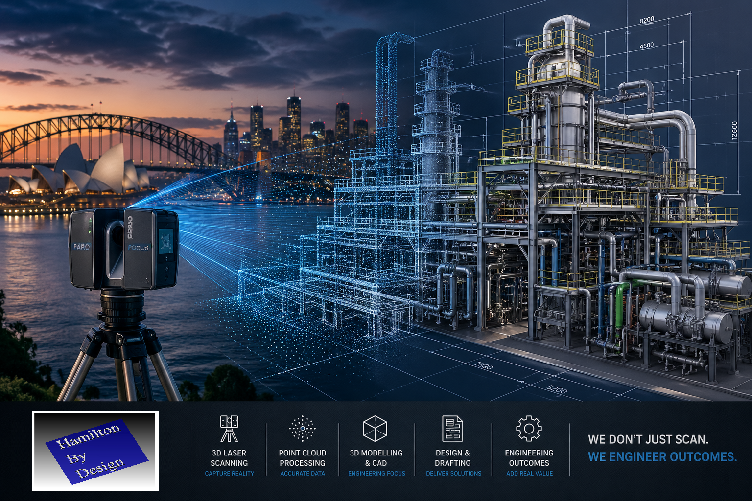 Engineering-led 3D laser scanning in Sydney showing LiDAR point cloud capture of Sydney Harbour transitioning into a detailed CAD model of industrial plant and mechanical systems