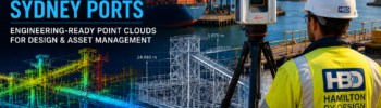 Engineer using 3D LiDAR scanner at Sydney port with container cranes, marine infrastructure and point cloud overlay for engineering design.