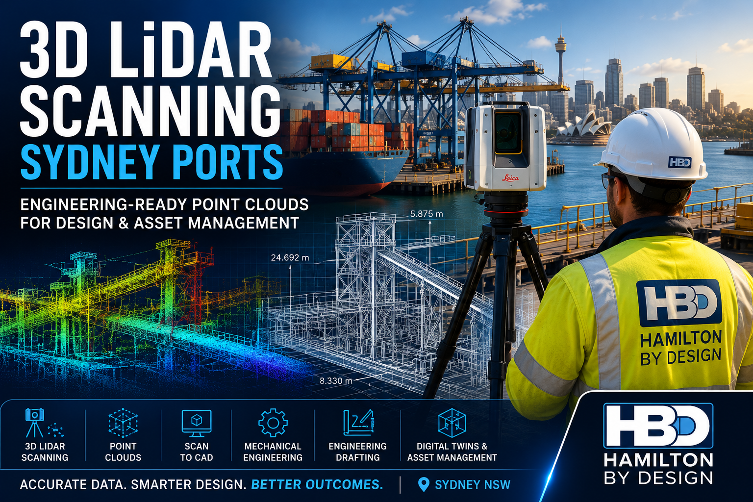 Engineer using 3D LiDAR scanner at Sydney port with container cranes, marine infrastructure and point cloud overlay for engineering design.
