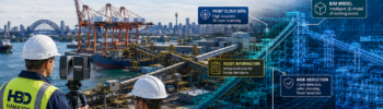 Digital twin of Sydney port infrastructure showing LiDAR scanning, BIM modelling and engineering asset intelligence used to create accurate digital representations of port facilities for maintenance, upgrades and asset management.