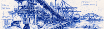 Blue pen and ink illustration of a Sydney brownfield port engineering project showing LiDAR scanning, point cloud modelling, CAD design and port infrastructure upgrades with conveyors, cranes, wharves and engineering drawings.