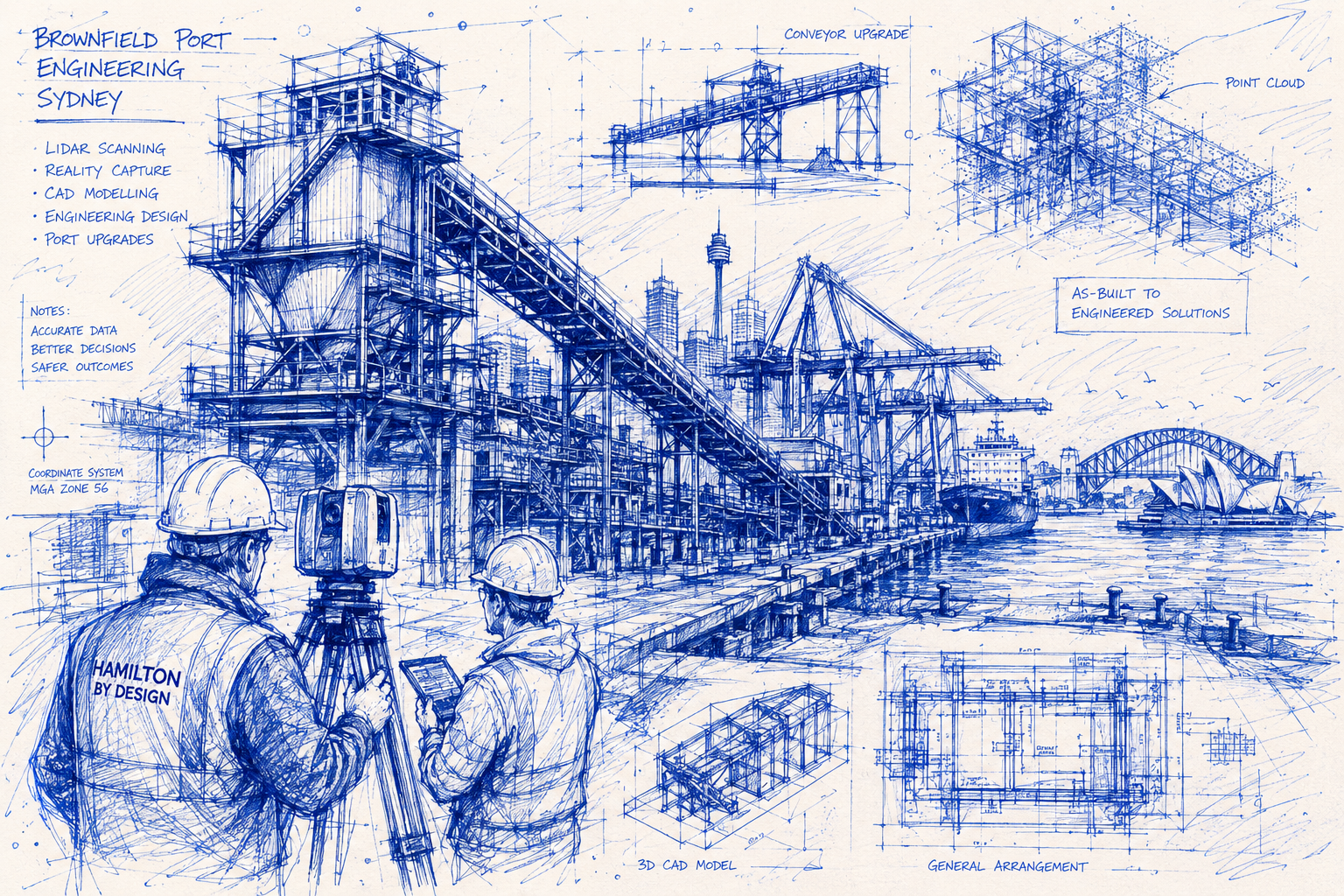 Blue pen and ink illustration of a Sydney brownfield port engineering project showing LiDAR scanning, point cloud modelling, CAD design and port infrastructure upgrades with conveyors, cranes, wharves and engineering drawings.