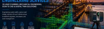 Sydney Port Engineering Services showing 3D LiDAR scanning, Scan to CAD, mechanical engineering, engineering drafting, Scan to BIM and digital twin solutions for port infrastructure.