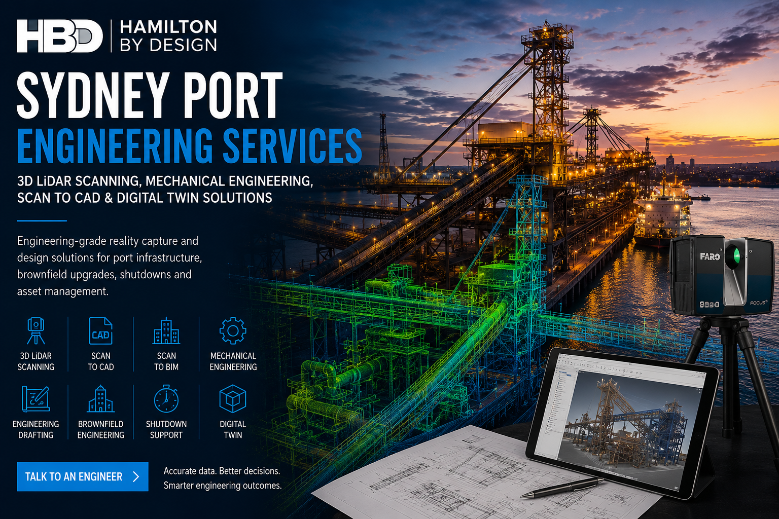 Sydney Port Engineering Services showing 3D LiDAR scanning, Scan to CAD, mechanical engineering, engineering drafting, Scan to BIM and digital twin solutions for port infrastructure.