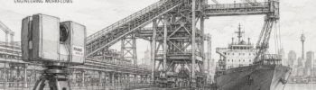 Pencil sketch of Sydney port infrastructure showing a terrestrial laser scanner capturing as-built data of conveyors, wharf structures and a cargo vessel for engineering asset capture services.