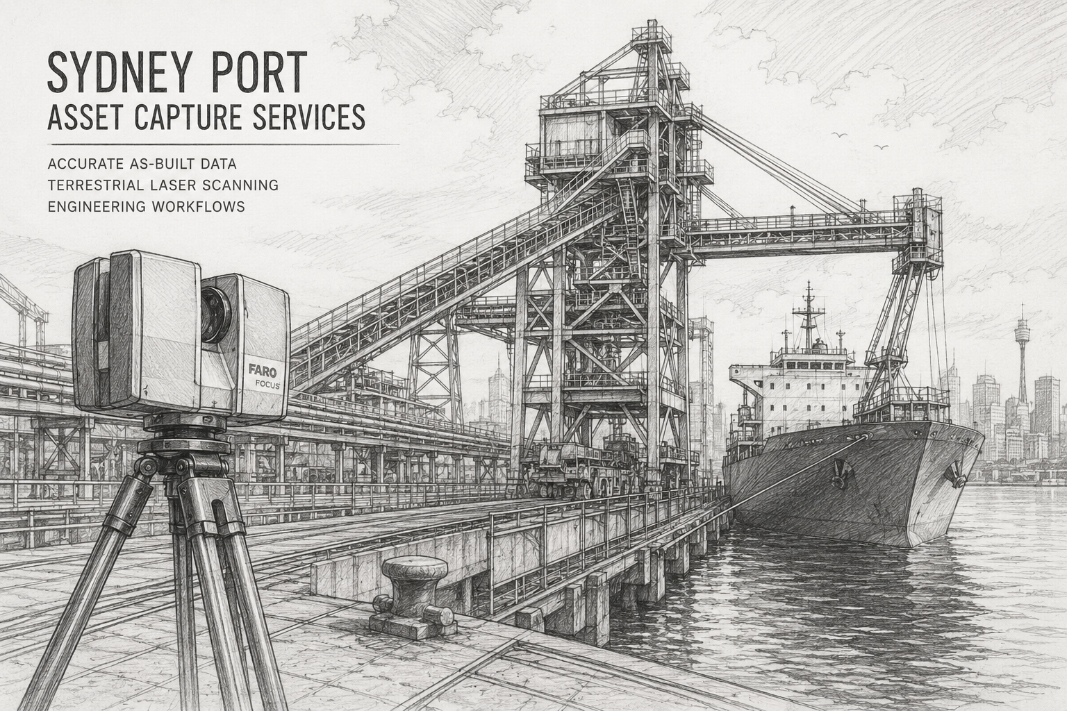 Pencil sketch of Sydney port infrastructure showing a terrestrial laser scanner capturing as-built data of conveyors, wharf structures and a cargo vessel for engineering asset capture services.